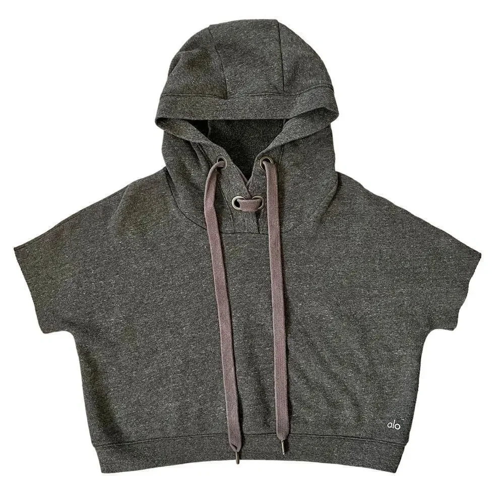 Alo Yoga Realm Short Sleeve Charcoal Gray Hoodie Top